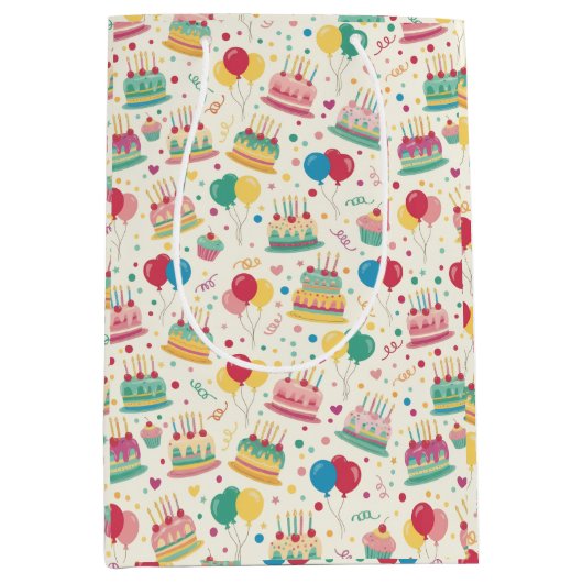 Bright Birthday Cakes and Balloons Wrapping Paper Medium Cadeauzakje (Voorkant)