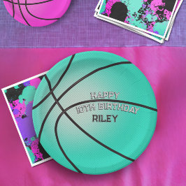 Bright Blauwgroen Blauw Basketbal Happy Birthday N Papieren Bordje