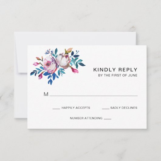 Bright Blauwgroen roze Floral Modern Wedding RSVP Kaartje (Voorkant)