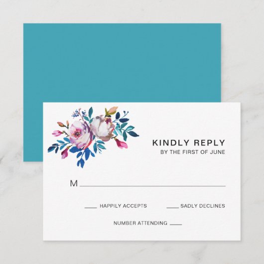 Bright Blauwgroen roze Floral Modern Wedding RSVP Kaartje (Voorkant / Achterkant)