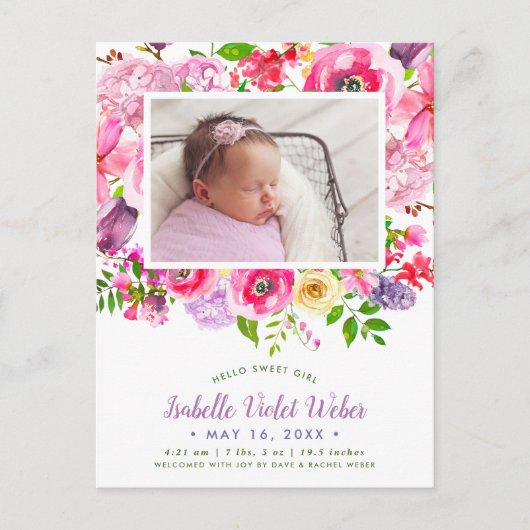 Bright Blooms Foto Geboorte Aankondiging Briefkaar (Voorkant)