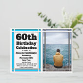 Bright Blue 60th Photo Birthday Invitation Kaart (Staand voorkant)