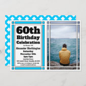 Bright Blue 60th Photo Birthday Invitation Kaart (Voorkant / Achterkant)