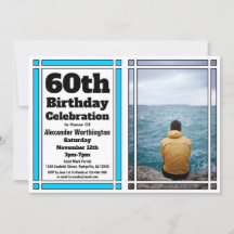 Bright Blue 60th Photo Birthday Invitation