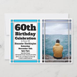 Bright Blue 60th Photo Birthday Invitation Kaart