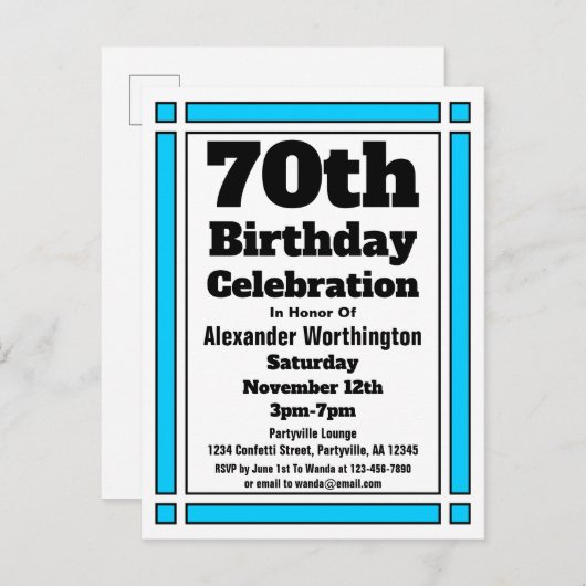 Bright Blue 70th Birthday Invitation Briefkaart (Voorkant / Achterkant)