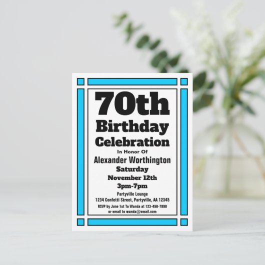Bright Blue 70th Birthday Invitation Briefkaart (Staand voorkant)