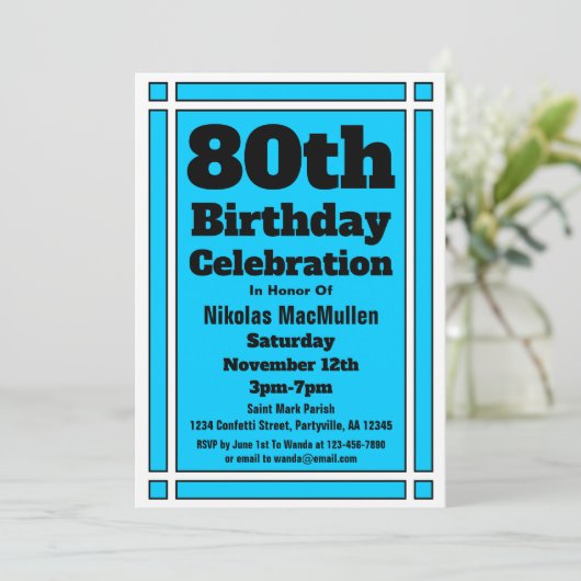 Bright Blue 80th Birthday Kaart (Staand voorkant)
