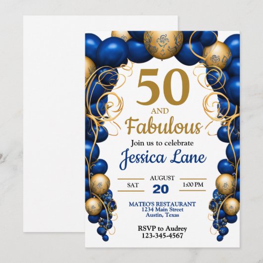 Bright Blue and Flat Gold Birthday Party Kaart (Voorkant / Achterkant)