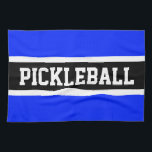 Bright Blue Black Racing Stripes PICKLEBALL Tekst Theedoek<br><div class="desc">Dit leuke ontwerp is uitgerust met grote sportletters in een zwarte streep met witte strepen tegen een heldere blauwe achtergrond. De kleuren en de tekst van PICKLEBALL in dit ontwerp van sjabloon kunnen worden gepersonaliseerd.</div>