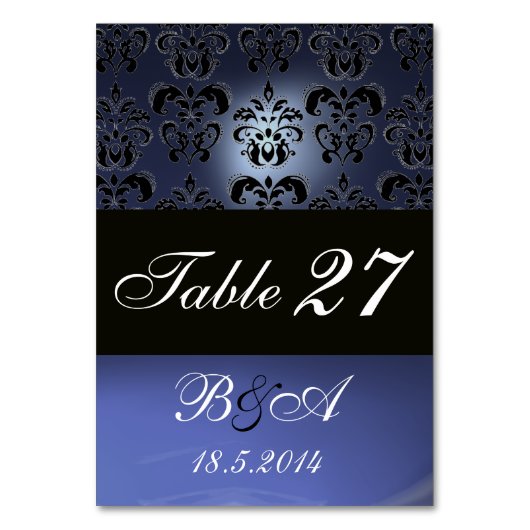 BRIGHT BLUE BLACK WHITE CLASY DAMASK MONOGRAM KAART (Voorkant)