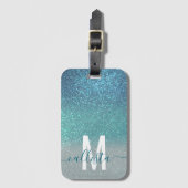 Bright Blue Blauwgroen Glitter Ombre Monogram Bagagelabel (Voorkant (verticaal))
