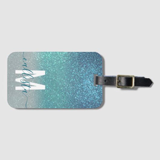 Bright Blue Blauwgroen Glitter Ombre Monogram Bagagelabel (Voorkant (horizontaal))