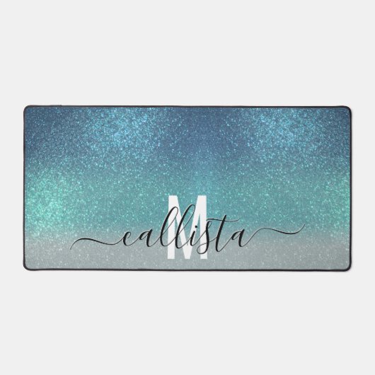 Bright Blue Blauwgroen Glitter Ombre Monogram Bureaumat (Voorkant)