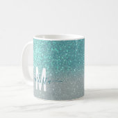 Bright Blue Blauwgroen Glitter Ombre Monogram Koffiemok (Voorkant links)