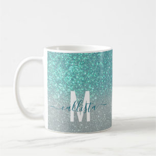 Bright Blue Blauwgroen Glitter Ombre Monogram Koffiemok