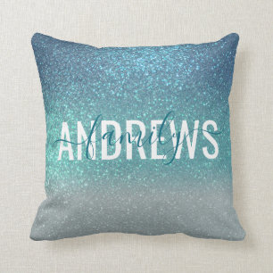 Bright Blue Blauwgroen Glitter Ombre Monogram Kussen