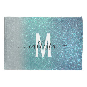 Bright Blue Blauwgroen Glitter Ombre Monogram Kussensloop