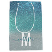 Bright Blue Blauwgroen Glitter Ombre Monogram Medium Cadeauzakje (Voorkant)