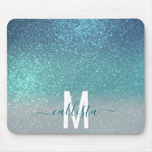 Bright Blue Blauwgroen Glitter Ombre Monogram Muismat (Voorkant)