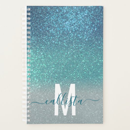 Bright Blue Blauwgroen Glitter Ombre Monogram Planner (Voorkant)