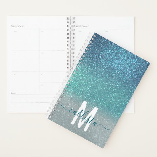 Bright Blue Blauwgroen Glitter Ombre Monogram Planner (Display)