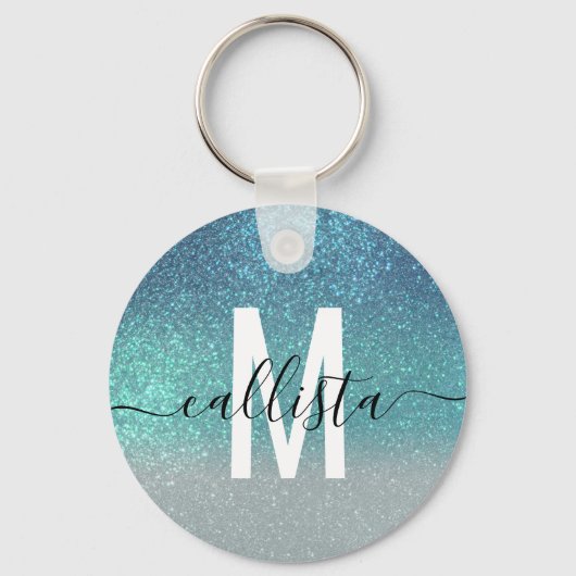 Bright Blue Blauwgroen Glitter Ombre Monogram Sleutelhanger (Voorkant)