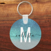 Bright Blue Blauwgroen Glitter Ombre Monogram Sleutelhanger (Voorkant)