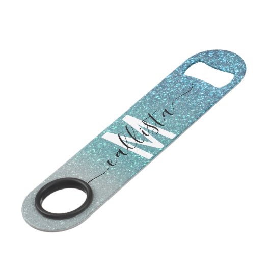Bright Blue Blauwgroen Glitter Ombre Monogram Speed Flessenopener (Voorkant Gekanteld)