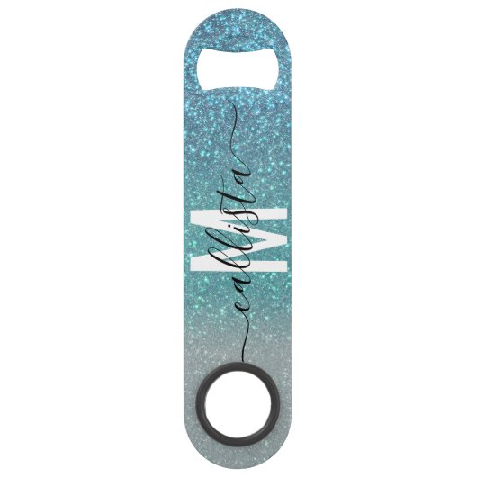 Bright Blue Blauwgroen Glitter Ombre Monogram Speed Flessenopener (Voorkant)