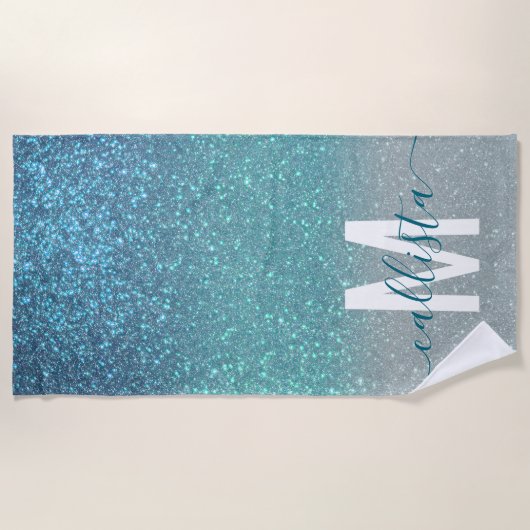 Bright Blue Blauwgroen Glitter Ombre Monogram Strandlaken (Voorkant)
