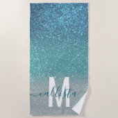Bright Blue Blauwgroen Glitter Ombre Monogram Strandlaken (Voorkant)