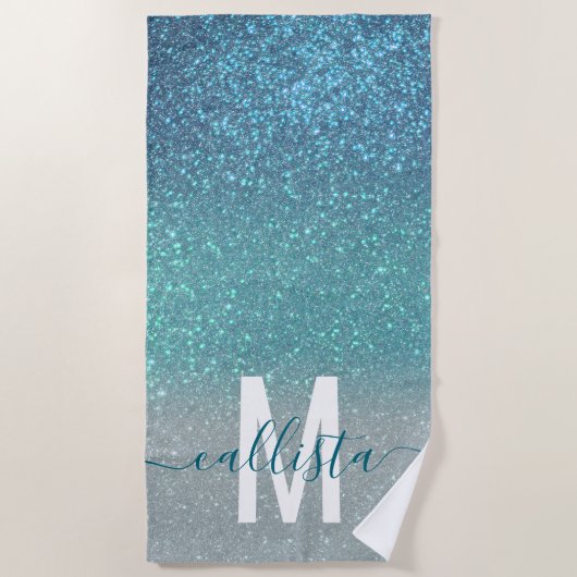 Bright Blue Blauwgroen Glitter Ombre Monogram Strandlaken (Voorkant)