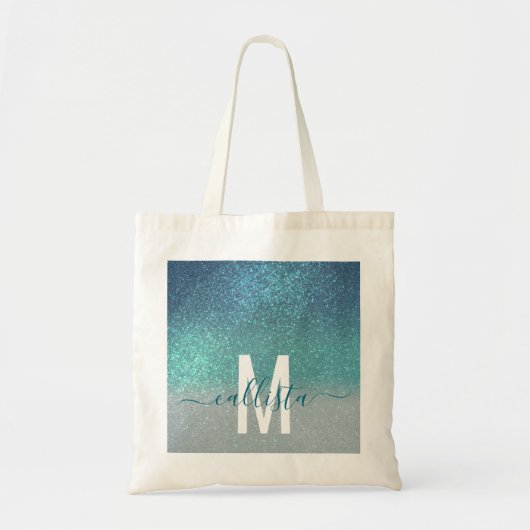 Bright Blue Blauwgroen Glitter Ombre Monogram Tote Bag (Voorkant)