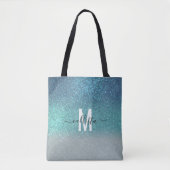 Bright Blue Blauwgroen Glitter Ombre Monogram Tote Bag (Voorkant)