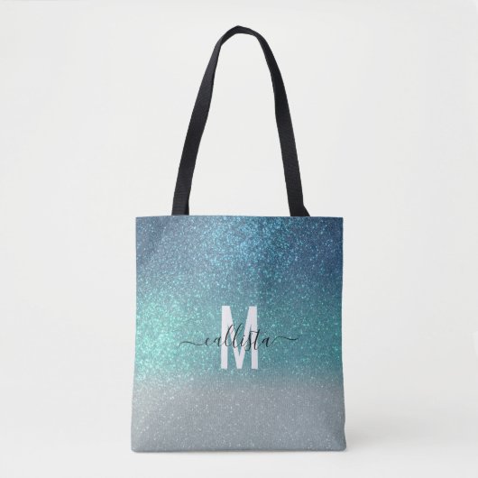 Bright Blue Blauwgroen Glitter Ombre Monogram Tote Bag (Voorkant)