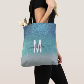 Bright Blue Blauwgroen Glitter Ombre Monogram Tote Bag (Dichtbij)