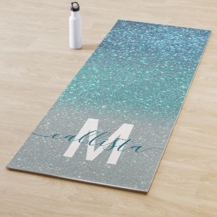 Bright Blue Blauwgroen Glitter Ombre Monogram Yogamat