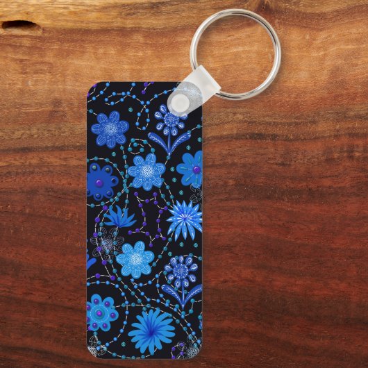 Bright Blue Boho Flowers Sleutelhanger (Achterkant)