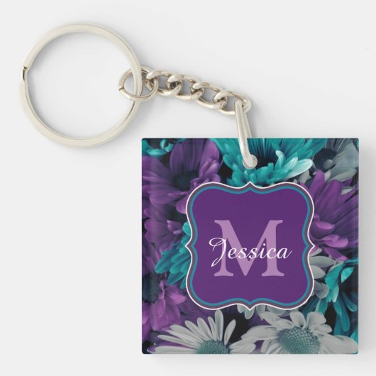 Bright Blue en Purple Flowers, aangepast Sleutelhanger (Voorkant)