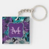 Bright Blue en Purple Flowers, aangepast Sleutelhanger (Achterkant)