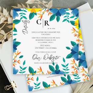 Bright Blue en Yellow Floral Wedding Details Informatiekaartje