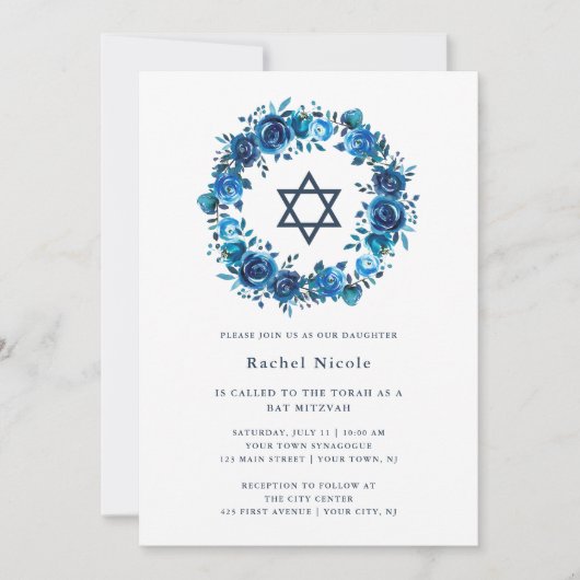 Bright Blue Floral en David Star | Bat Mitzvah Kaart (Voorkant)