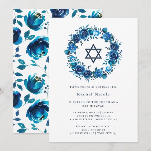 Bright Blue Floral en David Star | Bat Mitzvah Kaart (Voorkant / Achterkant)