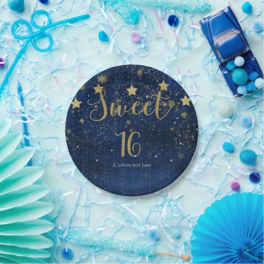 Bright Blue & Gold Starry Sweet 16 Party Papieren Bordje (Feest)