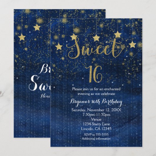 Bright Blue & Gold Stars Sweet 16 Party Uitnodigin Kaart (Voorkant / Achterkant)