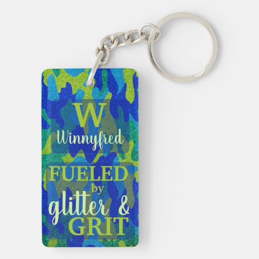 Bright Blue & Green Camouflage Glitter Camo Name Sleutelhanger (achterkant)