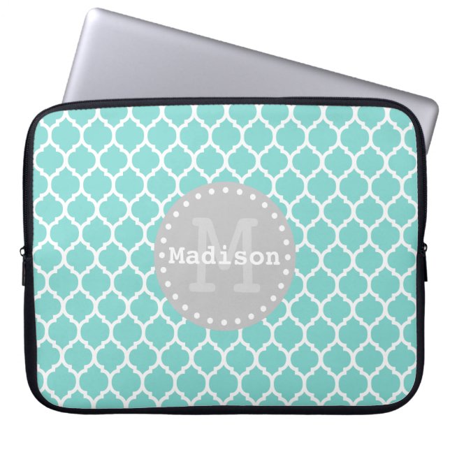 Bright Blue Grey Moroccan Lattice Monogram Laptop Sleeve (Voorkant)