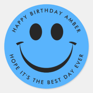 Bright Blue Happy Face Birthday Fun Ronde Sticker