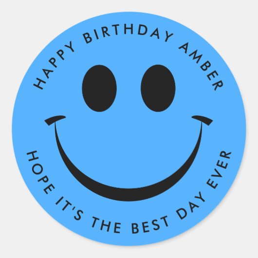 Bright Blue Happy Face Birthday Fun Ronde Sticker (Voorkant)